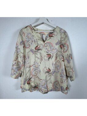 J. Jill Love Linen Womens Yellow Paisley Floral Split V-Neck Top Blouse